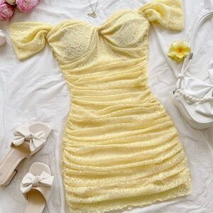 Yellow Ruched Off-Shoulder Mini Dress